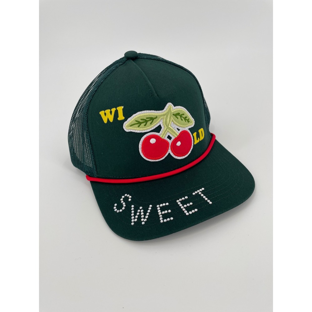 MOTHER The 10-4 Wild Cherries Trucker Hat Sweet Rhinestone Brim NWT OS Green